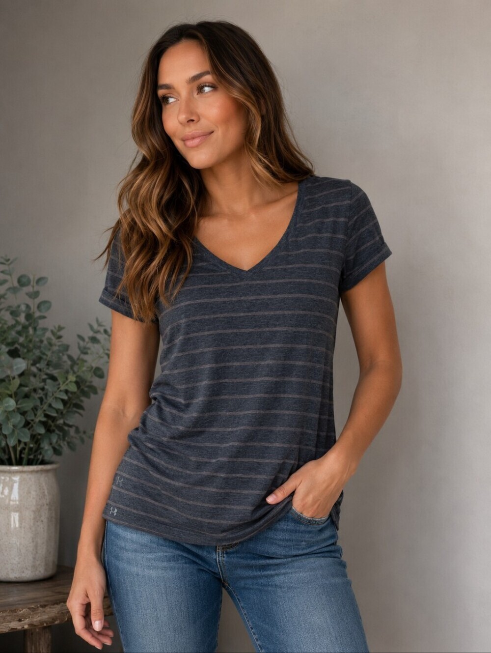 Under Armour Stripe V- Neck Tee- Size Medium